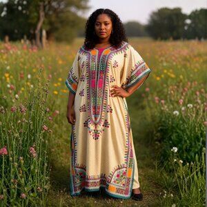 Tribal Print Beige Polyester Kaftan Dress Kimono Sleeve for Women By Gypsie Blu